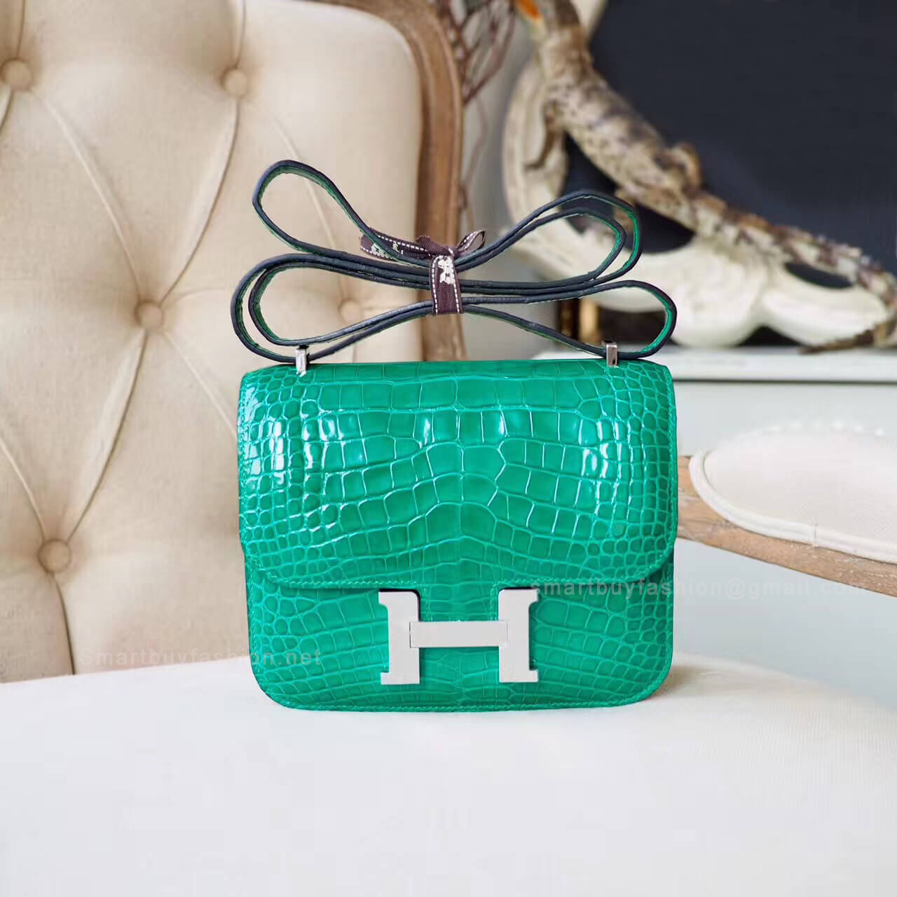Hermes Mini Constance 18 Bag in 6q Vert Emeraude Shiny Nile Croc PHW